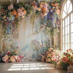 Fototapete - A large floral arrangement hangs from the ceiling, creating a bright