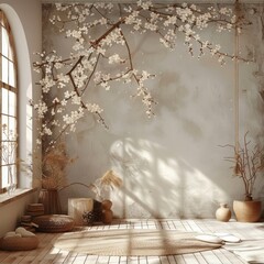 Poster - A room with a white wall and a tree branch wall hanging