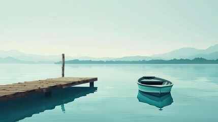 rustic floating pontoon boat on serene blue lake minimalist summer landscape illustration