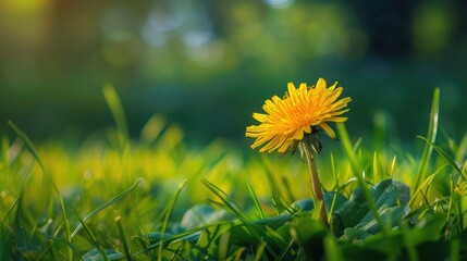 Poster - Yellow flower of dandelion above a green meadow