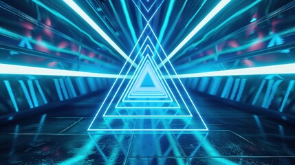 Wall Mural - Neon glowing triangle tunnel with blue light lines moving fast. Background futuristic corridor with neon lights. Seamless loop 3d render, , Modern neon light.