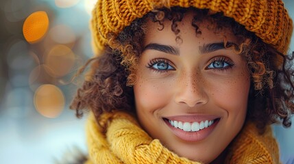 Wall Mural - A woman with curly hair and blue eyes is smiling and wearing a yellow hat