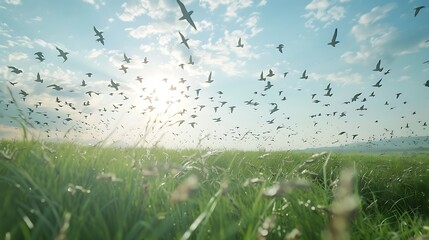 Poster - A flock of birds flying overhead, their shadows fleeting across a grassy meadow