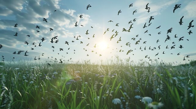 A flock of birds flying overhead, their shadows fleeting across a grassy meadow