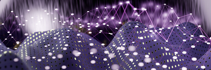 Poster - Abstract digital landscape with purple and black tones, featuring interconnected nodes and lines. 3d rendering