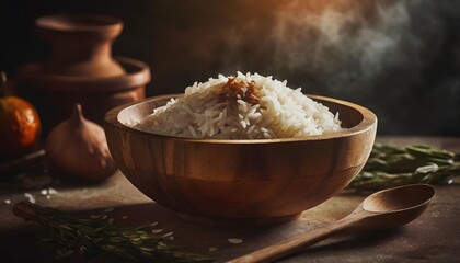 Cooked Rice in Wooden Bowl 