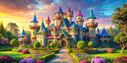 Fairy tale inspired princess castle with turrets and colorful roofs in a lush garden setting