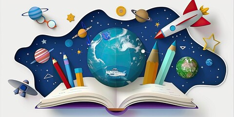 a image of a book with a globe and pencils on it