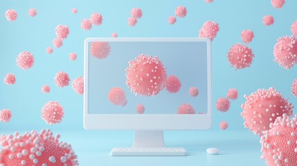 Coral colored cancer cells floating around computer algorithm, cancer diagnosis flat design front view,