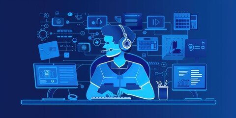 Aufkleber - A man sitting at a desk wearing headphones. Suitable for business or technology concepts