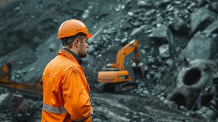 Wall Mural - A miner in a hard hat and protective workwear is standing in a mine. mineral separators, magnetic separators working 