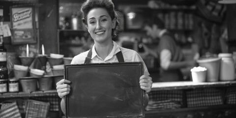 Aufkleber - Woman holding blackboard, perfect for advertising purposes