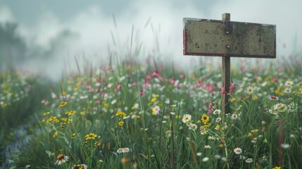 Poster - A field of wildflowers with a sign in the middle. Suitable for various nature or outdoor themes