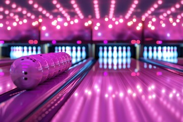 Poster - A bowling ball resting on a bowling alley. Suitable for sports and leisure concepts