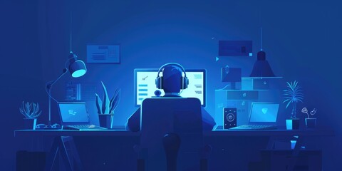 Poster - Person sitting at desk with computer and headphones, suitable for business or remote work concepts
