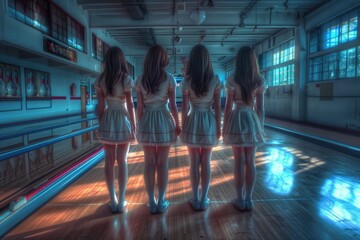 Group of women standing in a bowling alley. Suitable for leisure and sports concepts