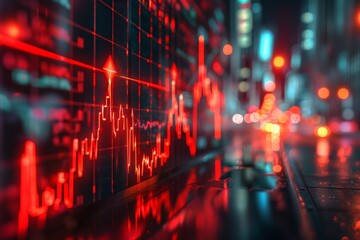 Wall Mural - Red and black graph with a red arrow pointing upward. The graph is surrounded by a blurry background of city lights. intense focus on a monitor showing a drastic stock market crash graph,