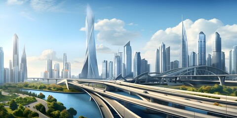 Wall Mural - Enhanced capabilities of AGIs depicted in digital cityscape with skyscrapers and highways. Concept Artificial General Intelligence, Technological Advancements, Futuristic Cityscapes