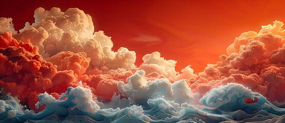 Wall Mural - A vibrant cloud and wave scene with orange and white clouds above blue waves.
