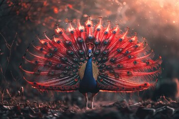 Poster - A beautiful peacock displaying its feathers in a field. Ideal for nature and wildlife concepts