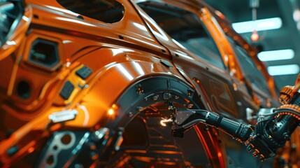 Poster - A car being serviced in a factory, suitable for automotive industry use