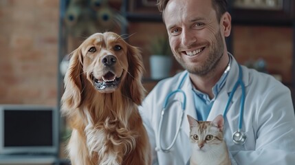 Wall Mural - Smiling vet doctor with dog pet and fluffy cat
