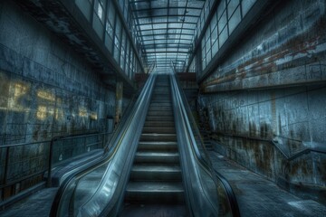 Poster - An escalator in an abandoned building, suitable for urban exploration themes