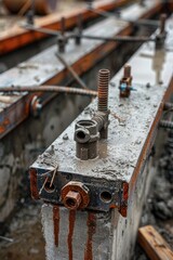 Poster - A couple of bolts sitting on top of a cement block. Perfect for industrial and construction themes
