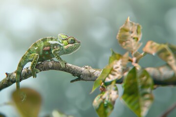Poster - Colorful chameleon sitting on a tree branch, suitable for nature concepts