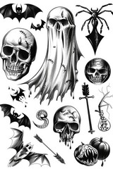 Poster - A spooky collection of Halloween-themed tattoos. Perfect for festive designs