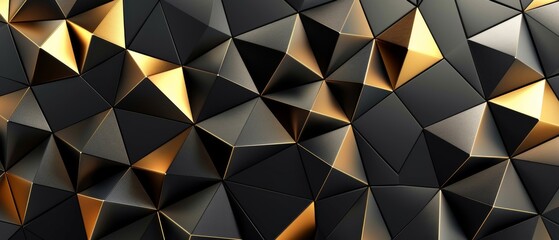 Poster - Abstract futuristic luxurious digital geometric technology triangular triangles background banner illustration 3d - Glowing gold, gray and black 3d shape texture wall