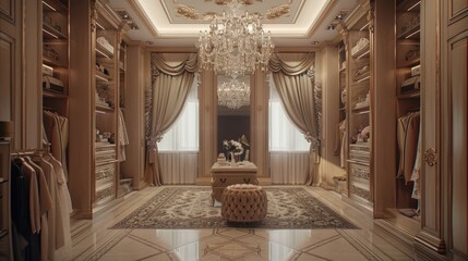 Poster - A luxurious walk-in closet with a beautiful chandelier, perfect for interior design concepts