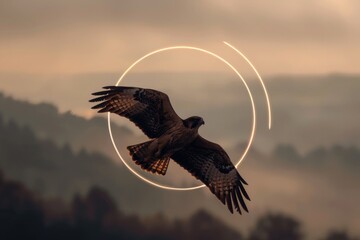 Poster - A bird flying through the air with a circle around it. Suitable for various design projects
