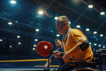 Poster - A man in a wheelchair playing ping pong. Suitable for sports and disability concept