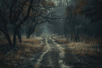Poster - A scenic view of a dirt road in the middle of a forest. Suitable for nature and travel concepts