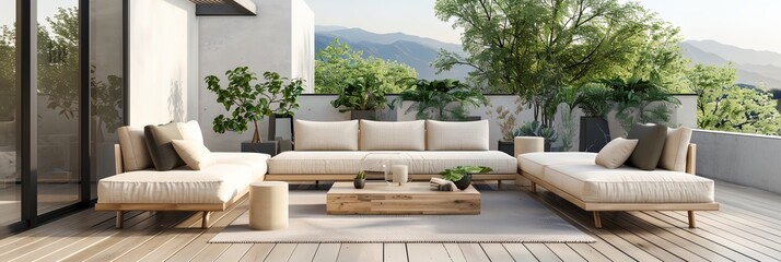 Canvas Print - terrace with a couch and a table on a wooden floor next to a tree and a mountain view