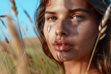 Canvas Print - A beautiful young woman standing in a field of tall grass. Suitable for nature and outdoor themes