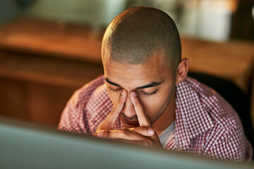Aufkleber - Desktop, stress and man with headache in office for copywriting, fatigue and deadline of report. Journalist, editor and person and pain at creative agency for digital article, brain fog and burnout
