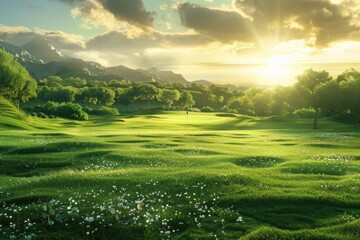 Aufkleber - Field of grass with flowers in the foreground, suitable for nature and outdoor concepts