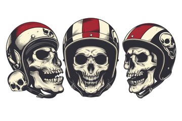 Wall Mural - Three skulls wearing motorcycle helmets and helmets. Can be used for biker-themed designs