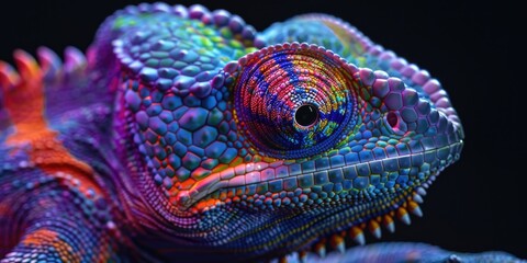 Sticker - A close-up view of a colorful chameleon's face. Suitable for nature and animal themes