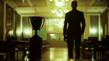 Silhouette of a man standing in front of a trophy for business or sports award