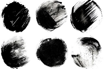 a set of six black circles drawn with a brush on a white background, each circle has a different shape