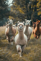 Wall Mural - A group of llamas running through a field. Suitable for animal themes