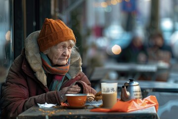 Poster - A woman sits at a table with a cup of coffee, perfect for morning routines or office work