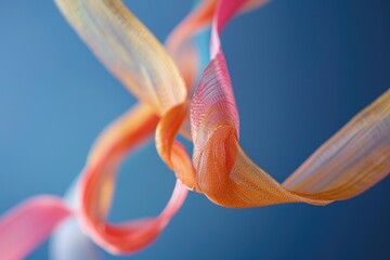 Poster - A close-up of a vibrant colored ribbon against a bright blue background, perfect for decorating and gift wrapping
