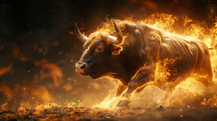 Poster - Animal illustration, Bull runs on fire. Business concept for bullfighting in Spain. Unusual image. Dark background on fire.