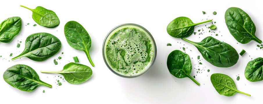 Healthy eating concept: green smoothie and spinach leaves, top view