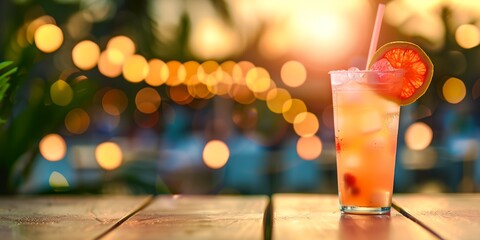 Poster - a drink with a slice of orange and a straw on a table with blurry lights in the background