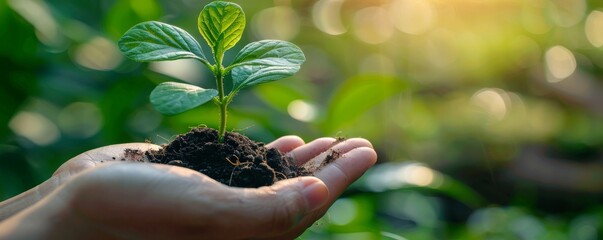 A close-up shot of a hand holding a young green plant with soil, symbolizing growth and nurturing. The background is a soft-focus green garden